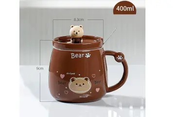 Sevimli Ayı Tasarımlı Seramik Kapaklı Metal Kaşıklı Kupa Bardak