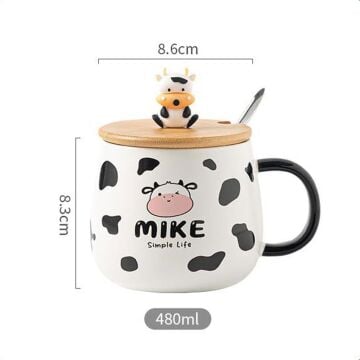 Sevimli İnek Tasarımlı Seramik Kapaklı Metal Kaşıklı Kupa Bardak