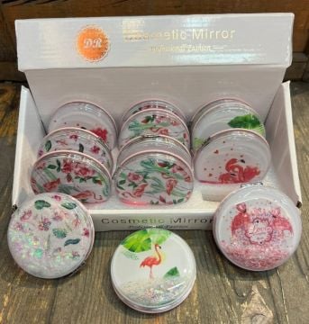 Sulu Simli Flamingo Desenli Makyaj El Aynası