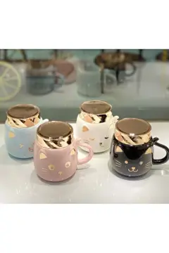 Sevimli Bıyıklı Kedi Tasarımlı Seramik Kapaklı Kupa Bardak