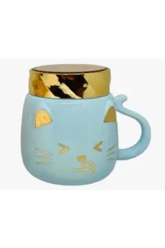 Sevimli Bıyıklı Kedi Tasarımlı Seramik Kapaklı Kupa Bardak