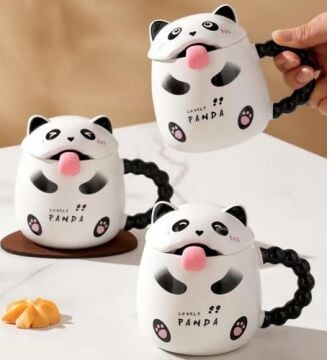 Sevimli Panda Tasarımlı Seramik Kapaklı Kupa Bardak