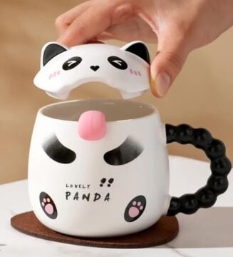 Sevimli Panda Tasarımlı Seramik Kapaklı Kupa Bardak