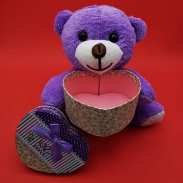 Sevgiliye Hediye Kutulu Mor Kalpli Peluş Ayıcık