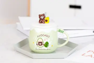 Sevimli Bear Avokado Tasarımlı Seramik Kapaklı Kaşıklı Kupa Bardak