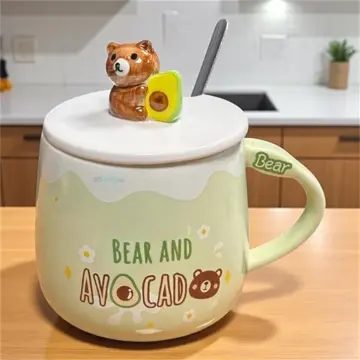 Sevimli Bear Avokado Tasarımlı Seramik Kapaklı Kaşıklı Kupa Bardak