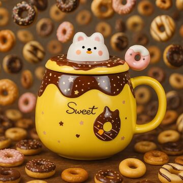 Sevimli Tavşan Donut Tasarımlı Seramik Kapaklı Kaşıklı Kupa Bardak