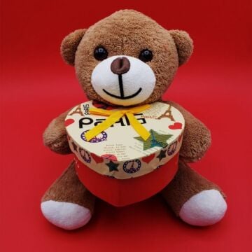 Sevgiliye Hediye Kalpli Kutulu Peluş Kahverengi Ayıcık