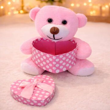 Sevgiliye Hediye Kalpli Kutulu Peluş Pembe Ayıcık