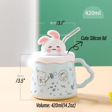 Sevimli Tavşan Tasarımlı Seramik Kapaklı Pipetli Kupa Bardak