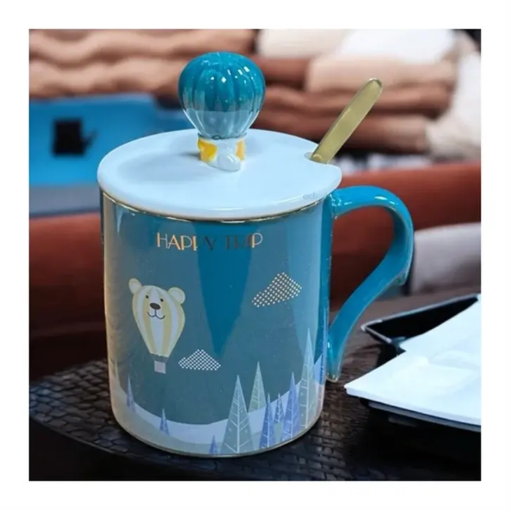 Happy Balon Tasarımlı Seramik Kapaklı Kaşıklı Kupa Bardak
