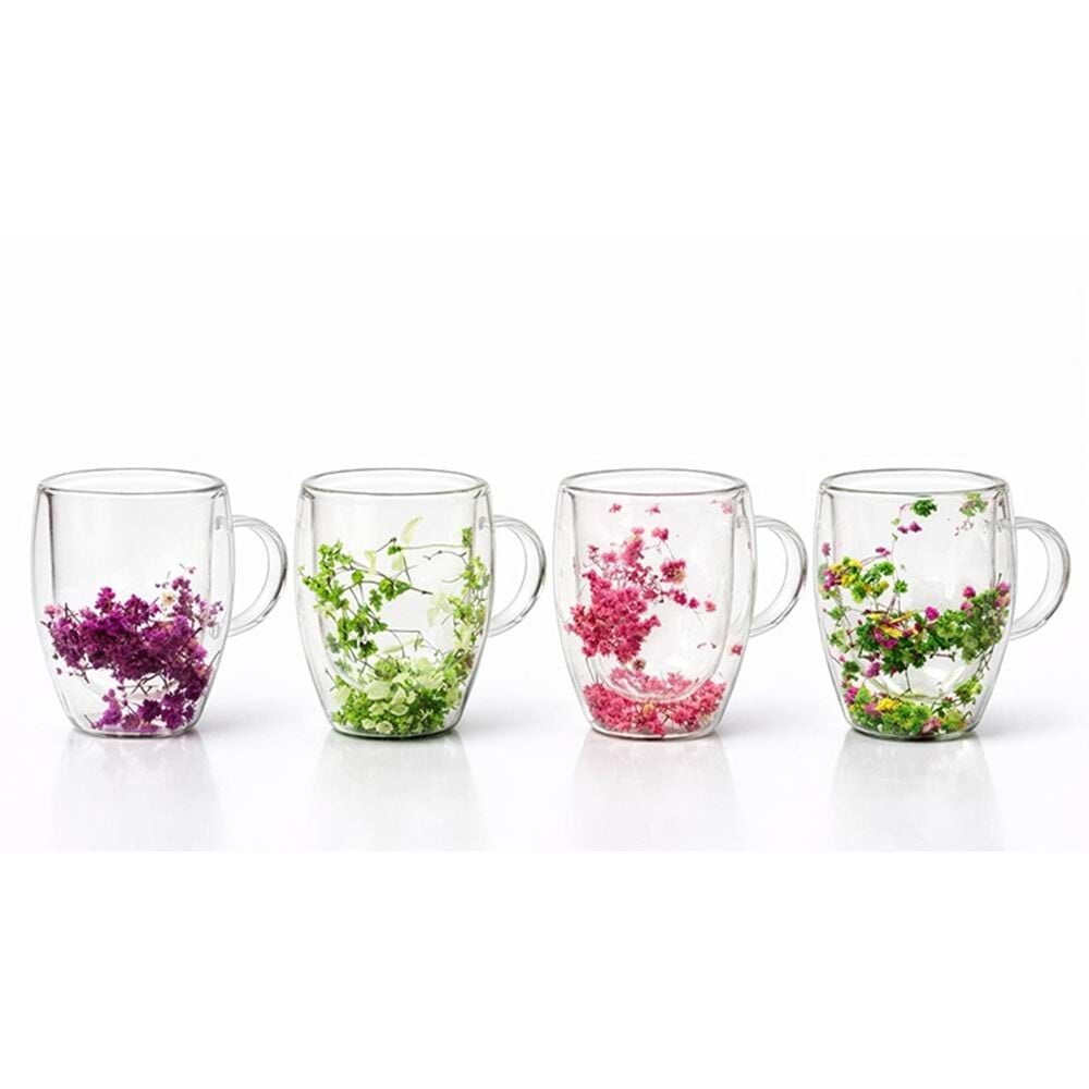 Orjinal Kurutulmuş Çiçekli Çift Camlı Kupa Bardak (12 cm x 8 cm)