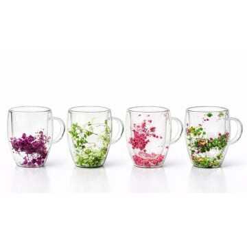 Orjinal Kurutulmuş Çiçekli Çift Camlı Kupa Bardak (12 cm x 8 cm)