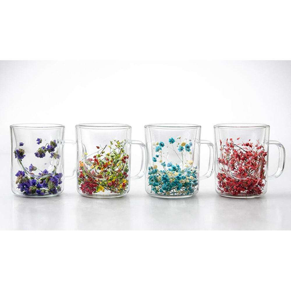 Orjinal Kurutulmuş Çiçekli Çift Camlı Kupa Bardak (10 cm x 8 cm)