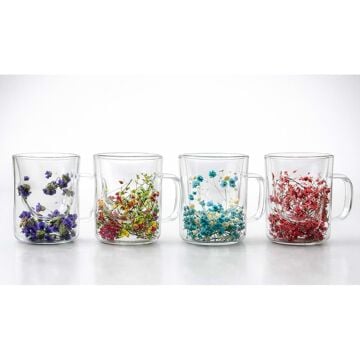 Orjinal Kurutulmuş Çiçekli Çift Camlı Kupa Bardak (10 cm x 8 cm)