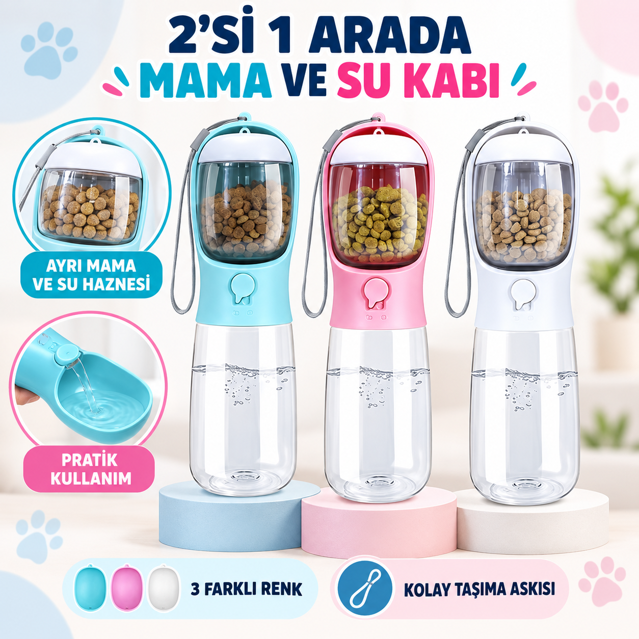 Çift Hazneli Mama ve Su Matarası (3 Adet)
