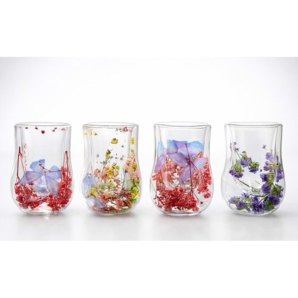Orjinal Kurutulmuş Çiçekli Çift Camlı Kupa Bardak (11 cm x 6.5 cm)