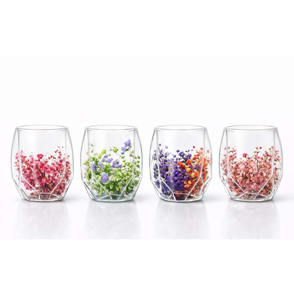 Orjinal Kurutulmuş Çiçekli Çift Camlı Kupa Bardak (9 cm x 7 cm)