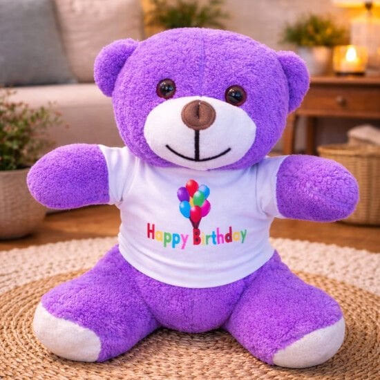 Happy Birthday Tasarım Tişörtlü Peluş Mor Ayı