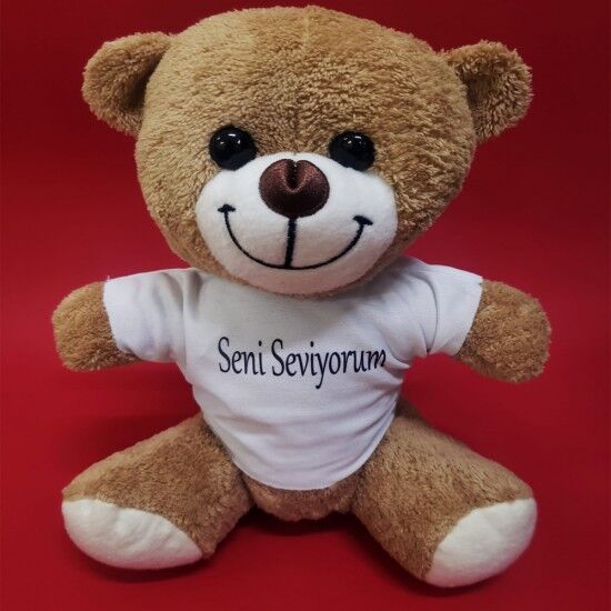 Seni Seviyorum Tasarım Tişörtlü Peluş Kahverengi Ayı