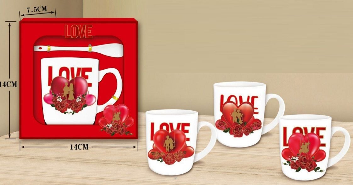 Seramik Love Kalp Sevgili Kaşıklı Kupa Bardak