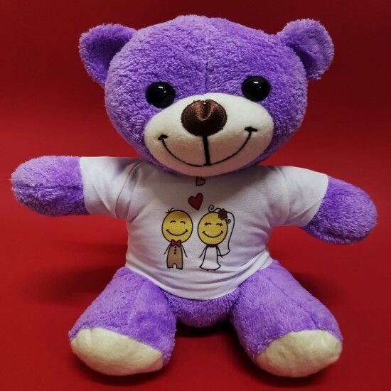 Gelin Damat Tasarım Tişörtlü Peluş Mor Ayı