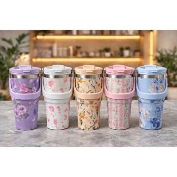 Çiçek Desenli Kulplu Vakumlu Çelik Termos Bardak (700 ml)