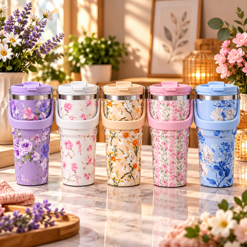Çiçek Desenli Kulplu Vakumlu Çelik Termos Bardak (700 ml)