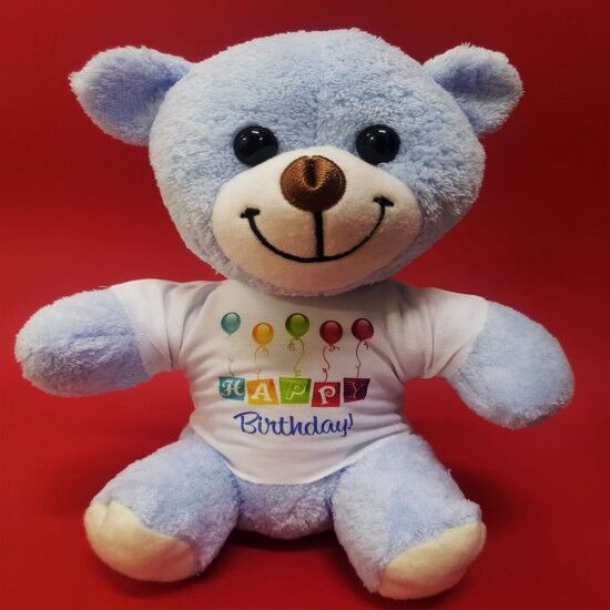 Happy Birthday Tasarım Tişörtlü Peluş Mavi Ayı