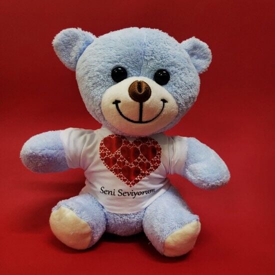 Seni Seviyorum Kalpli Tişörtlü Peluş Mavi Ayı