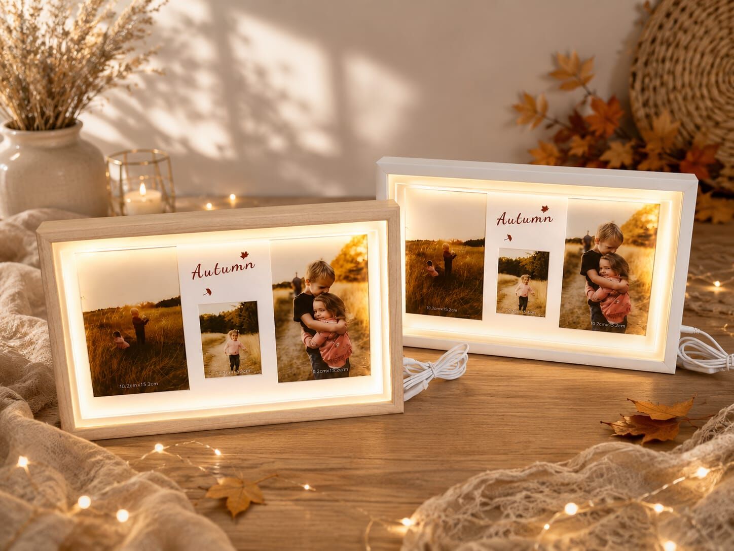 Usb Led Işıklı  3'lü Ahşap Tasarım Fotoğraf Çerçevesi
