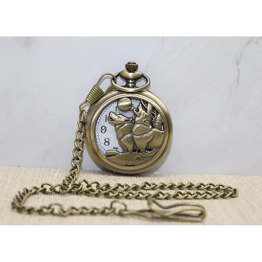 Kurt Temalı Kabartmalı Köstekli Cep Saati