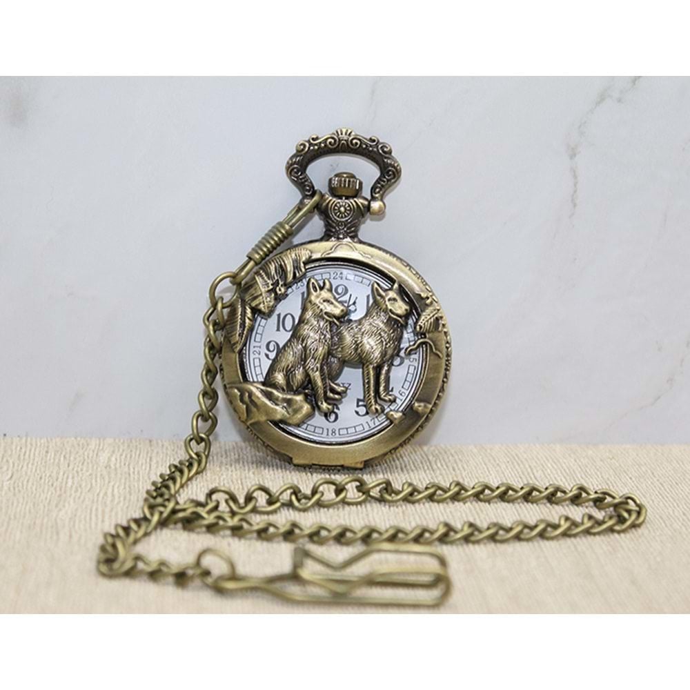 Kabartmalı Kurt Temalı Köstekli Cep Saati