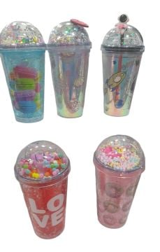 Desenli Kapaklı Pipetli Mika Bardak