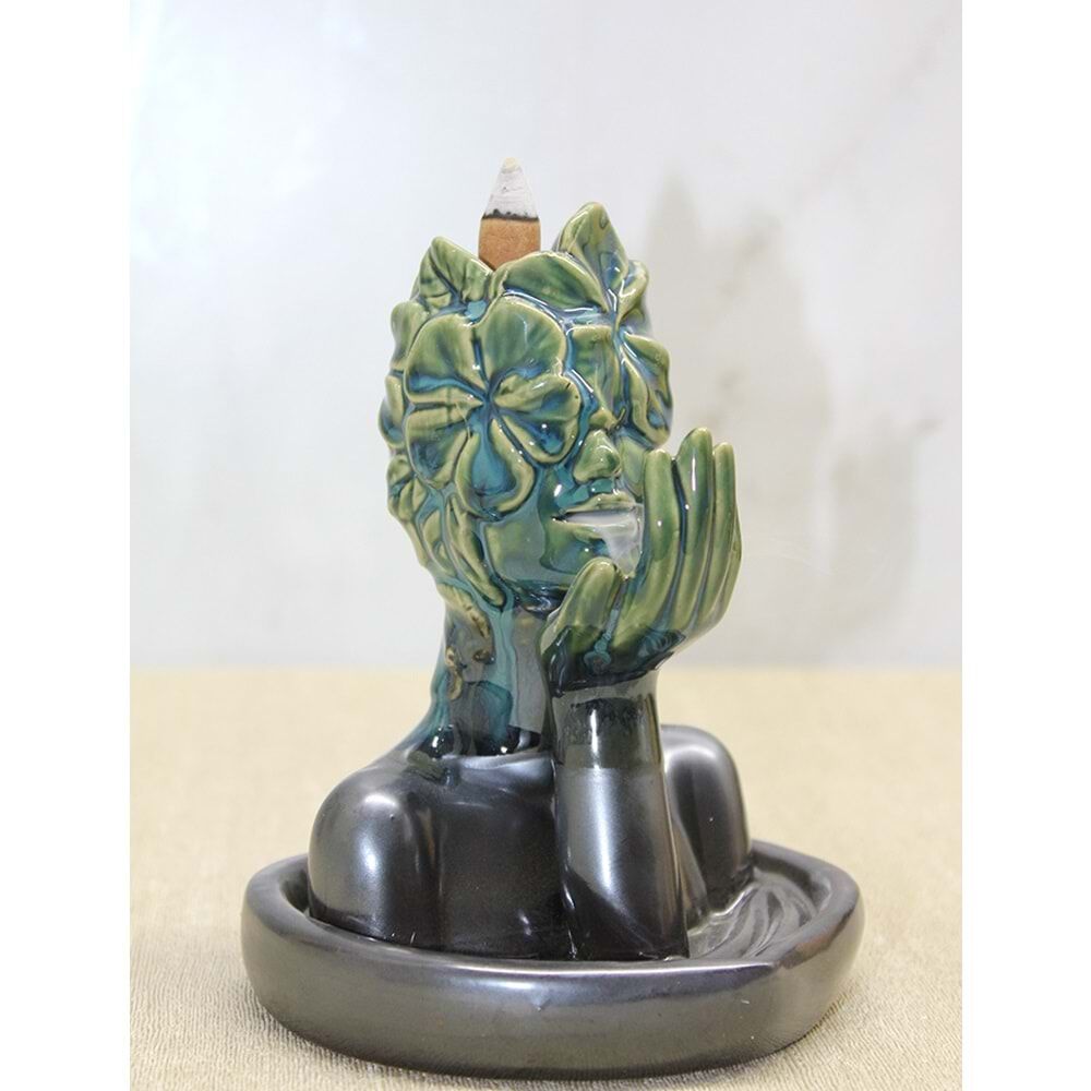 Seramik Yeşil Çiçek Yüzlü İnsan Tasarımlı Geri Akış Tütsülük