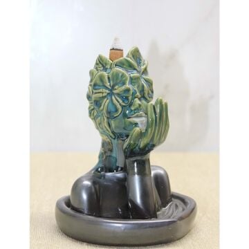 Seramik Yeşil Çiçek Yüzlü İnsan Tasarımlı Geri Akış Tütsülük