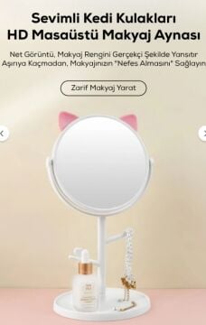Masa Üstü Oval Kedi Kulaklı Tasarımlı Makyaj Aynası