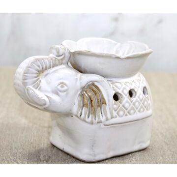 Dekoratif Fil Tasarımlı Çizgili Seramik Buhurdanlık Beyaz