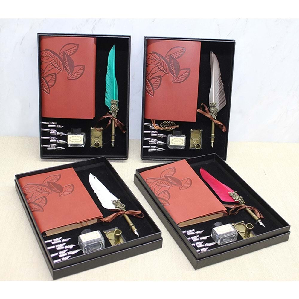 Tüylü Mürekkepli Divit Masa Üstü Tutuculu Kalem Ve Deri Defter Seti