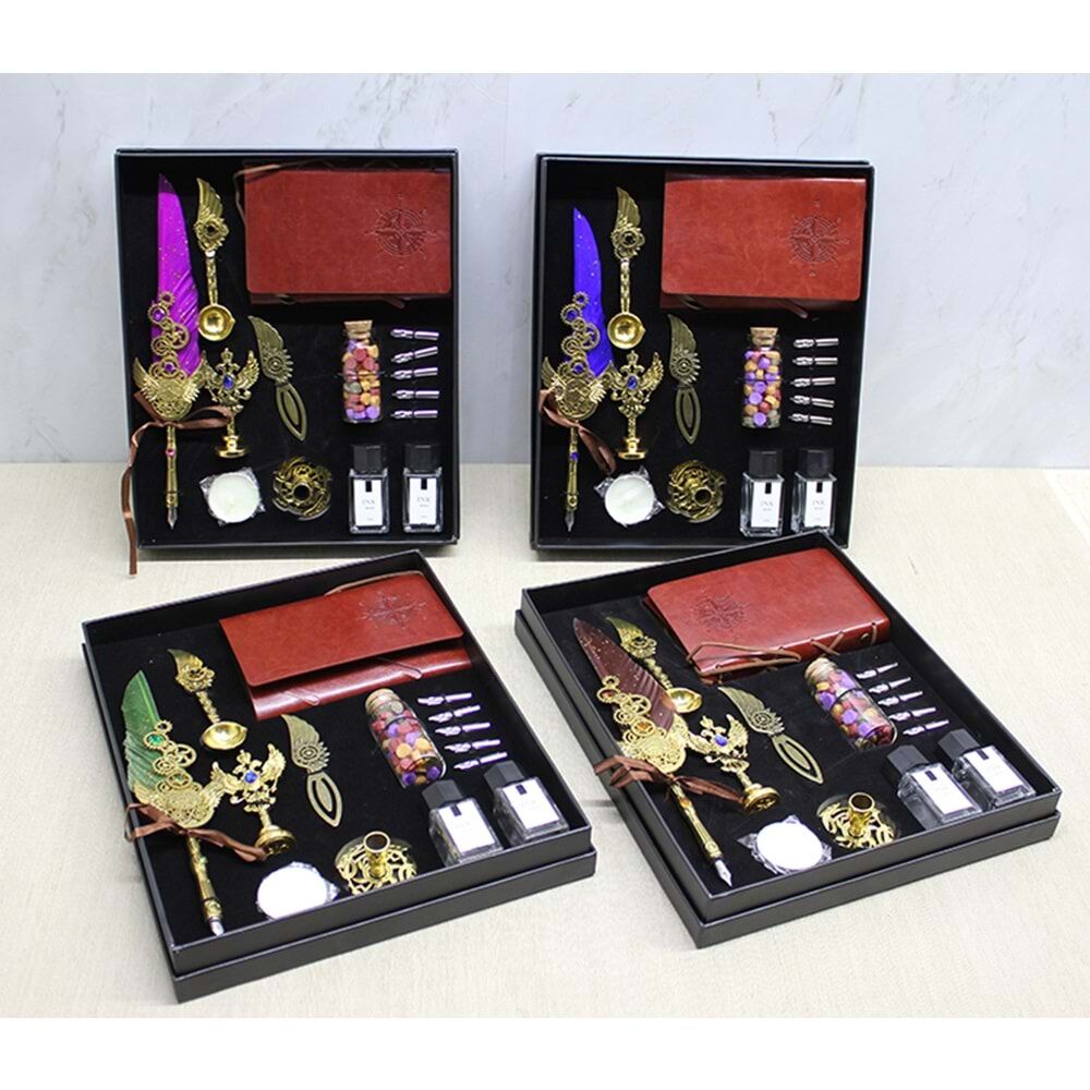 Tüylü Mürekkepli Divit Masa Üstü Elmaslı Kalem Ve Deri Defter Seti