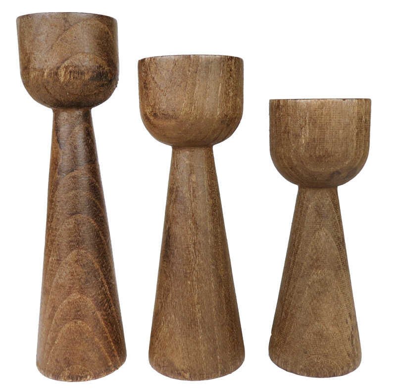 Kadeh Tasarımlı Kahve Ağaç Kütük Şamdanlık Set 3'lü