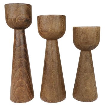 Kadeh Tasarımlı Kahve Ağaç Kütük Şamdanlık Set 3'lü