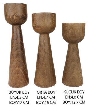 Kadeh Tasarımlı Kahve Ağaç Kütük Şamdanlık Set 3'lü