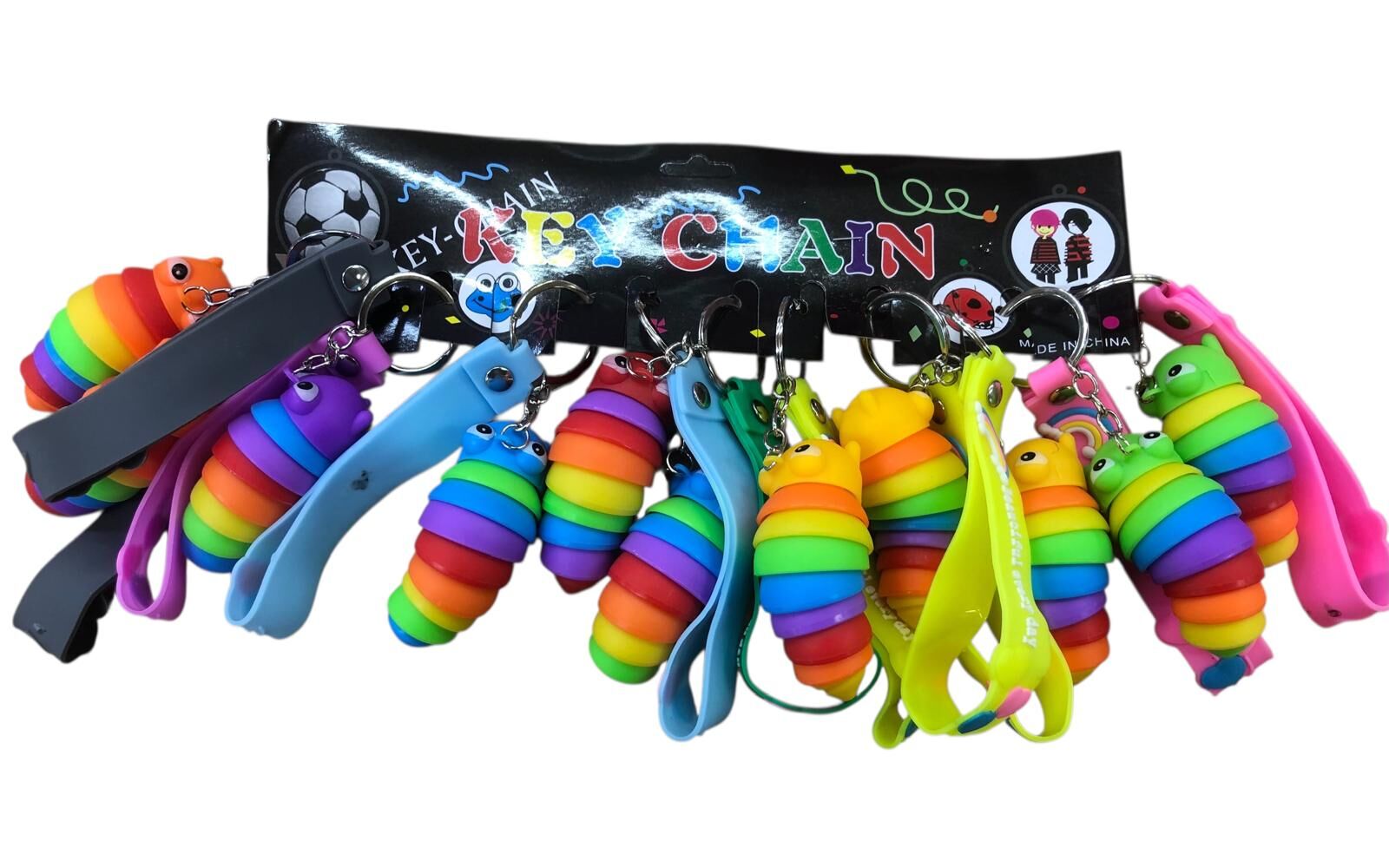 Gökkuşağı Renkli Tırtıl Figürlü Silikon Anahtarlık Seti (12 Adet)
