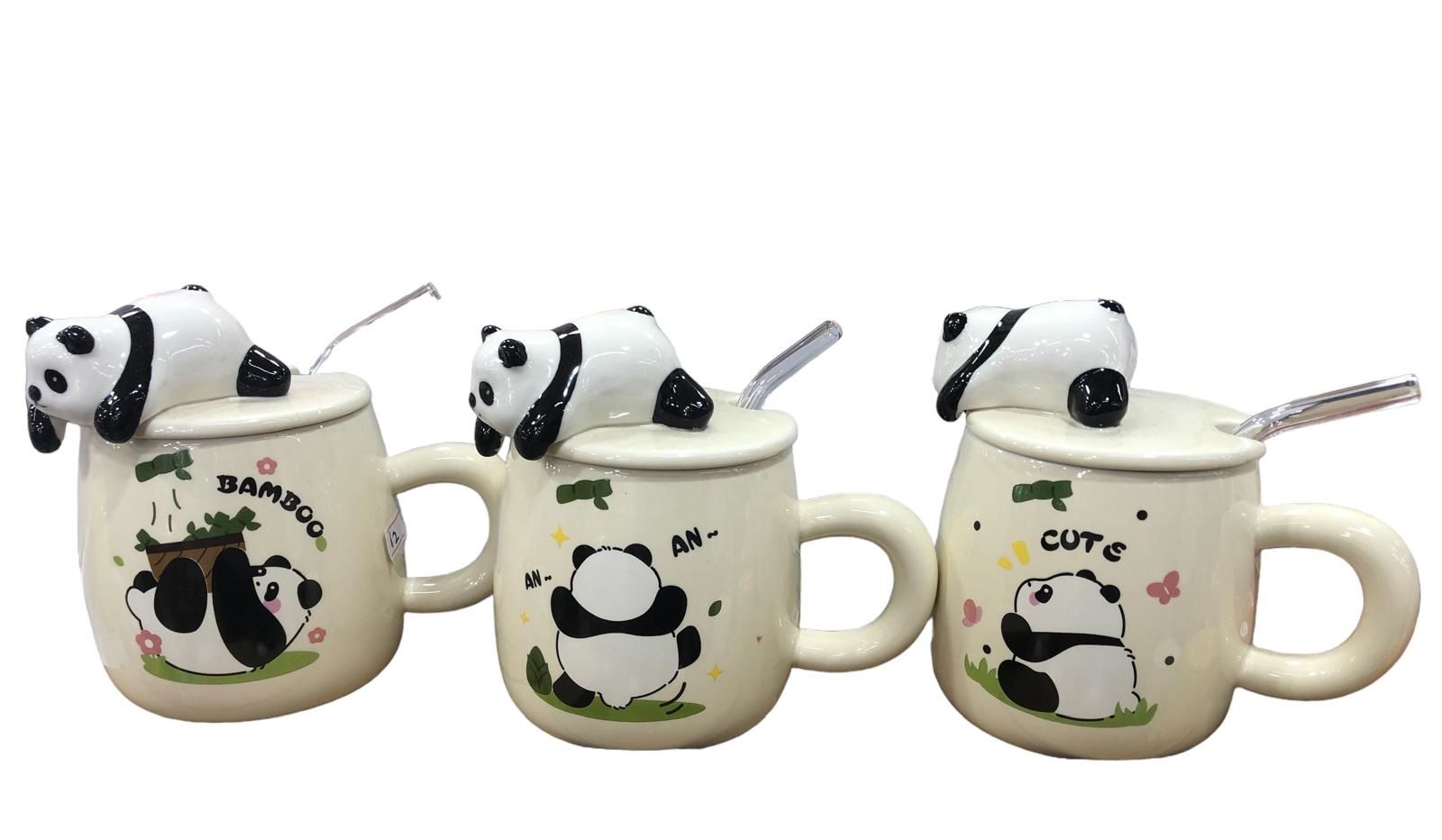 Seramik Panda Tasarım Kapaklı Pipetli Kupa Bardak