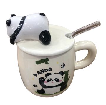 Seramik Panda Tasarım Kapaklı Pipetli Kupa Bardak
