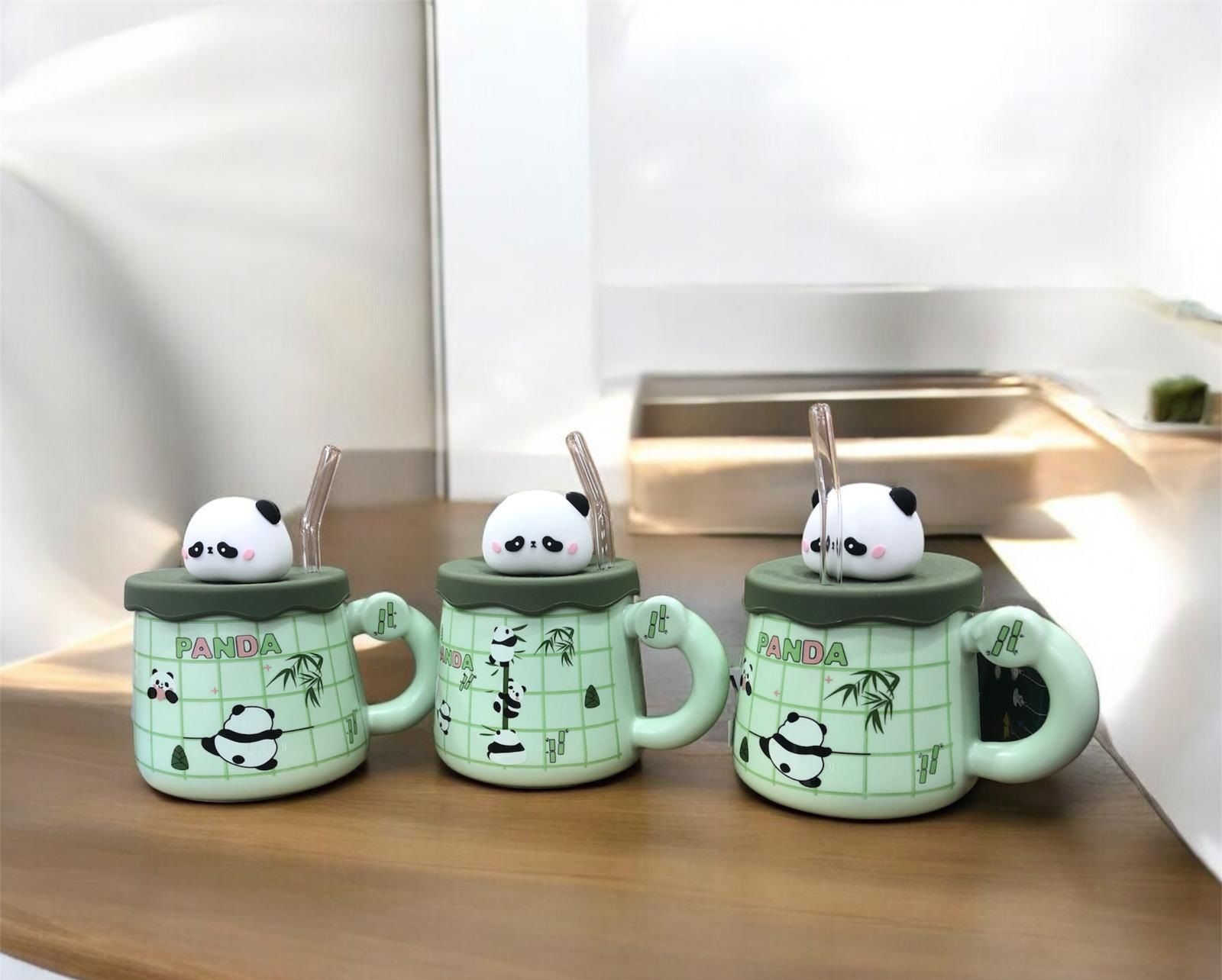 Silikon Kapaklı Panda Tasarım Pipetli Seramik Kupa Bardak
