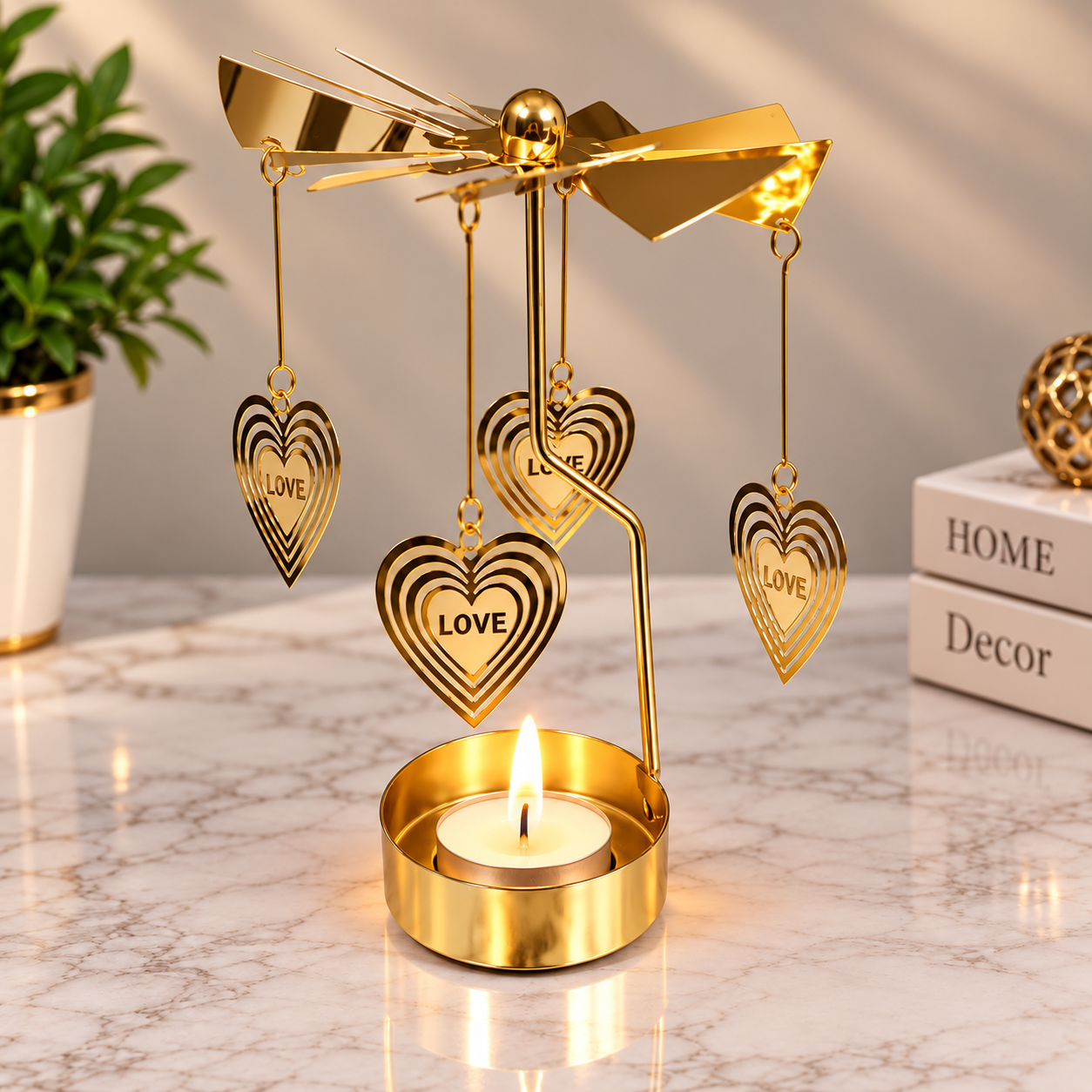 Isı İle Dönen Dekoratif Love Kalp Metal Tealight Mumluk