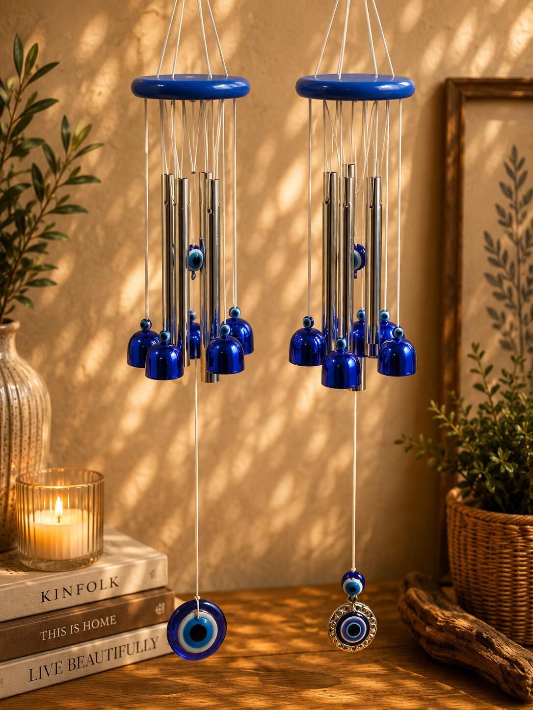 5'li Mavi Tasarım Nazar Boncuklu Metal Rüzgar Çanı (42 cm)