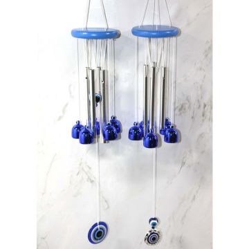 5'li Mavi Tasarım Nazar Boncuklu Metal Rüzgar Çanı (42 cm)